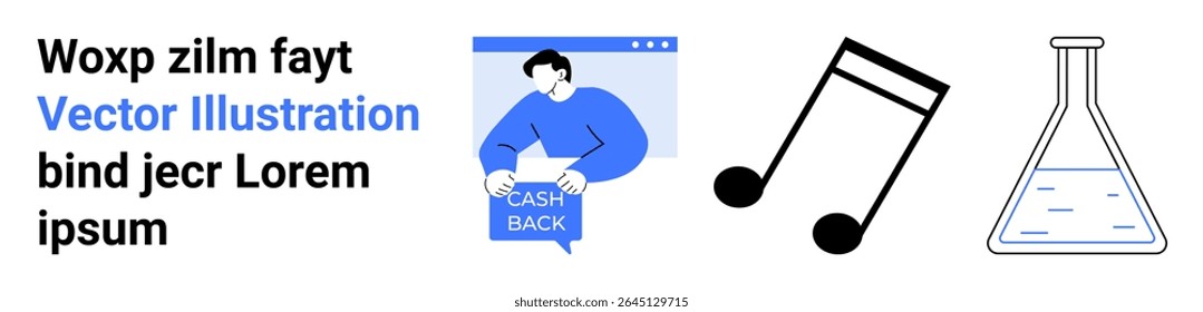 Man showing cashback, large music note, and filled chemical flask. Ideal for e-commerce, digital media, music, education, science, experiments, and marketing campaigns. Landing page
