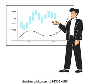 Hombre mostrando el gráfico a bordo. Presentación de informes empresariales