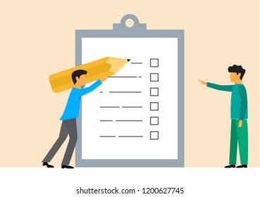 Man showing checklist. Boy filling tasks to checklist. For web site, app, banner, ux and ui. Concept for ad, poster, placard, web template and landing page. Creative vector illustration