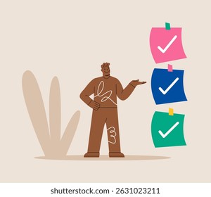 Man showing checklist task list. Colorful vector illustration