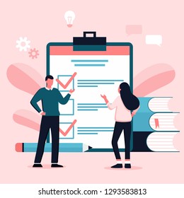 Man showing checklist to woman. For web site, app, banner, ux and ui. Concept for ad, poster, web template and landing page. Creative vector illustration withto do list, books, pencil and co-workers