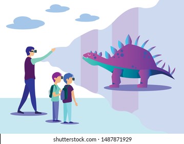 Man Showing Children Flat Virtual Dinosaur Projection. Cartoon School Teacher and Kids Wearing VR Glasses Headset Watching Stegosaurus. Experiencing Augmented Reality Game. Vector Illustration