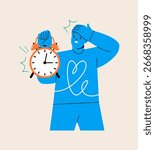 Man is showing clock. Time out concept. Colorful vector illustration