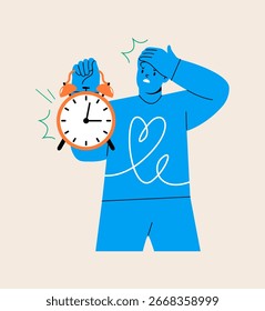 Man is showing clock. Time out concept. Colorful vector illustration