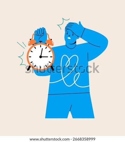 Man is showing clock. Time out concept. Colorful vector illustration