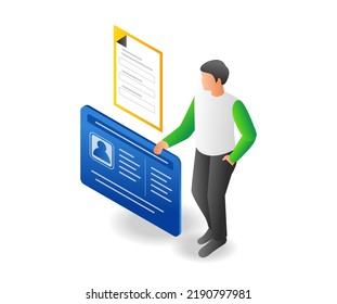 Man showing company id data in isometric and flat illustration