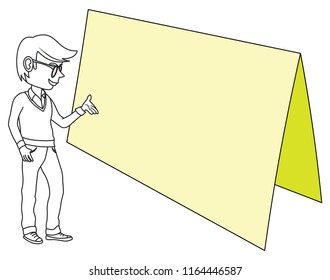 Man showing content on a 3d paper card calendar product company info logo services images blank empty template text business graph anything else