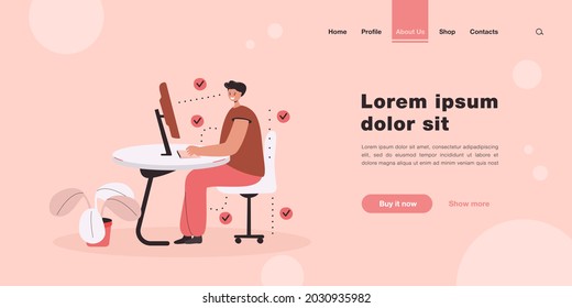 Man showing correct position for sitting at desk flat vector illustration. Cartoon man sitting on chair and using computer. Ergonomic work in office and healthy posture concept