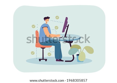 Man showing correct position for sitting at desk flat vector illustration. Cartoon man sitting on chair and using computer. Ergonomic work in office and healthy posture concept