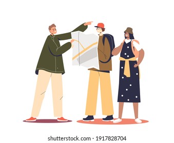 Man showing couple of tourist right direction of way. Lost travelers ask for locals help. Cartoon man and woman travel journey. Flat vector illustration