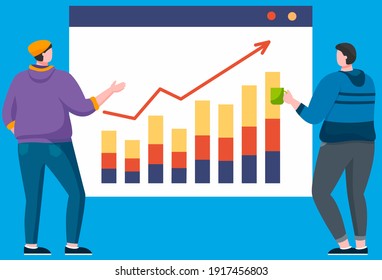 Man showing diagrams on board to his partner. Growth arrow and bar chart on table. People standing near colorful screen presentation of marketing project. Colleagues discuss statistical indicators