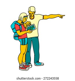 Man is showing directions to a girl tourist with a map. Figures on separate layers