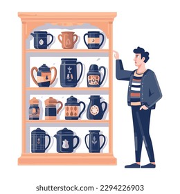 man showing display of vases on shelf character