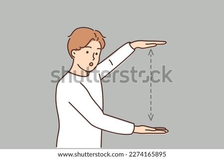 Man showing distance with hands. Frustrated guy demonstrate measurement with palm. Vector illustration. 