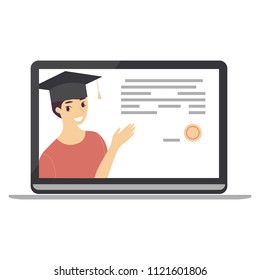 Man showing e-learning concept on screen of laptop. Education, online training, modern courses. Vector flat image