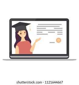 Man showing e-learning concept on screen of laptop. Education, online training, modern courses. Female student wearing graduation cap Vector flat image