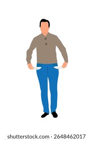 Man Showing Empty Pockets Isolated on White. People experiencing financial difficulties and financial problems vector art