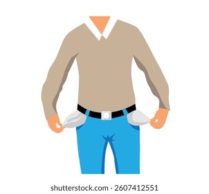 Man Showing Empty Pockets. No money and lack of funds, no salary vector art