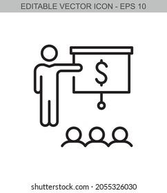 Man showing financial presentation board. Editable line icon.