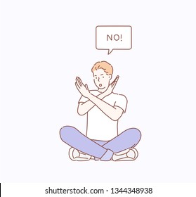 Man is showing a gesture No. Hand drawn style vector design illustrations.