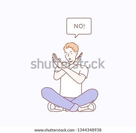 Man is showing a gesture No. Hand drawn style vector design illustrations.