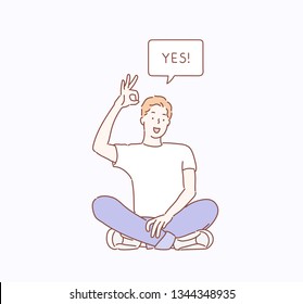 Man is showing a gesture Okay. Hand drawn style vector design illustrations.