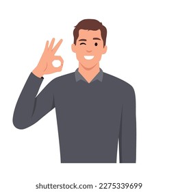 Man is showing a gesture Okay, ok. Vector illustration in cartoon style. Flat vector illustration isolated on white background