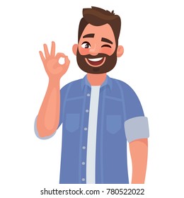 Man is showing a gesture Okay, ok. Vector illustration in cartoon style