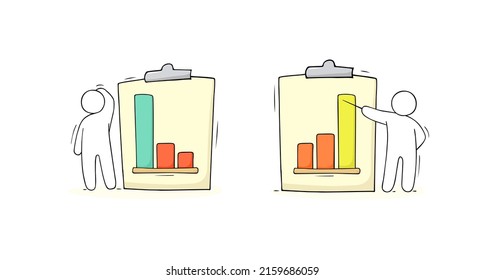 Hombre mostrando el gráfico en el portapapeles en la presentación de negocios. Concepto de informe, análisis de datos, beneficios financieros y crisis. Ilustración de doodle vectorial de personas apuntan a gráficos de caída y crecimiento