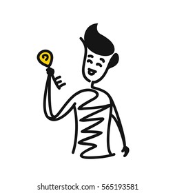 Man showing he has got the key,  Cartoon Hand Drawn Sketch Vector illustration. 
