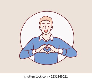 man showing heart gesture with two hands.  Hand drawn style vector design illustrations.