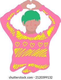 A man showing hearts with his own hands vector. A man with a heart on Valentine's Day. Flat illustration
