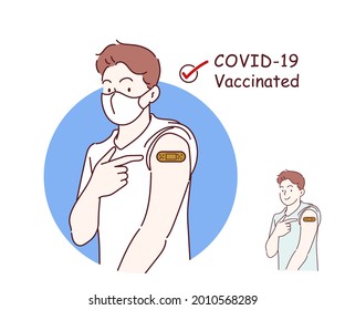 Man showing his arm with band aid after coronavirus Covid-19 vaccine, wearing medical mask. Hand drawn in thin line style, vector illustrations. (A Mask can be removable)