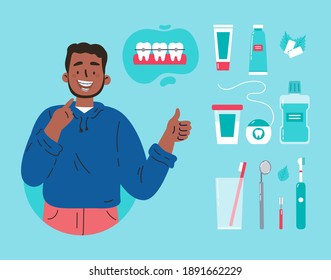 Man showing his smile with dental braces. Attractive guy with various accessories for daily dental care. Toothbrush, dental floss, mouthwash, braces, chewing gum. Vector cartoon illustration.