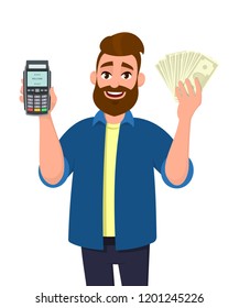 Man showing / holding credit / debit card POS terminal payment swipe machine and holding cash, money, currency or in hand. Payment, purchase, sale, shopping concept illustration in vector cartoon.