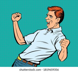 A man showing joy, raising both hands. Pop art vector illustration