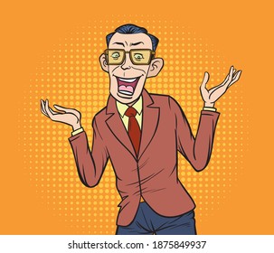 A man showing joy, raising both hands. Pop art vector illustration