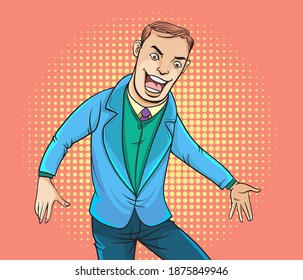 A man showing joy, raising both hands. Pop art vector illustration