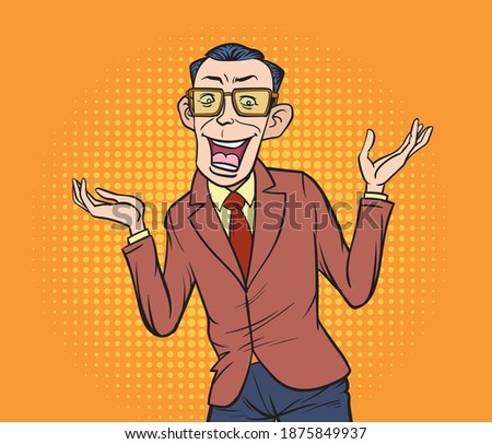 A man showing joy, raising both hands. Pop art vector illustration