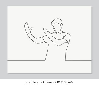 hombre que muestra una ilustración continua de una línea de gesto de karate chop