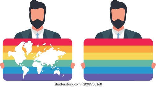 hombre que muestra la bandera LGBT con un mapa