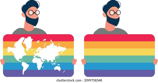 man showing LGBT flag with map