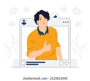 Man showing like sign, feedback, public approval, joy, success, approval, happiness, and thumbs up symbol concept illustration