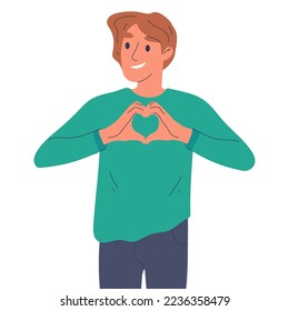 Hombre mostrando la señal de amor. Hombre emocionado con gesto cardíaco, persona sonriente feliz lenguaje corporal positivo ilustración vectorial plana sobre fondo blanco