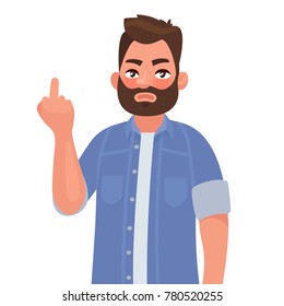 Man Is Showing The Middle Finger. Obscene Gesture. Vector Illustration In Cartoon Style