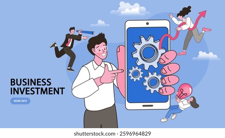 Man showing a mobile app on a smartphone. Cartoon Vector Illustration.
