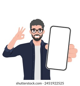 Man showing mobile phone and gesturing okay, OK sign with hand finger. Flat vector illustration isolated on white background