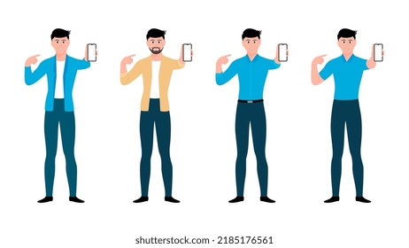 Man showing mobile screen, flat character vector illustration set. 