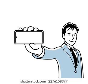 Un hombre presumiendo la pantalla de un smartphone