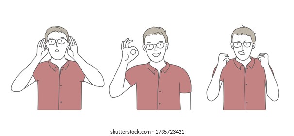 Man showing okay gesture. Say more loudly. Angry aggressive man shouting out loud with ferocious expression. Hand drawn vector illustration.